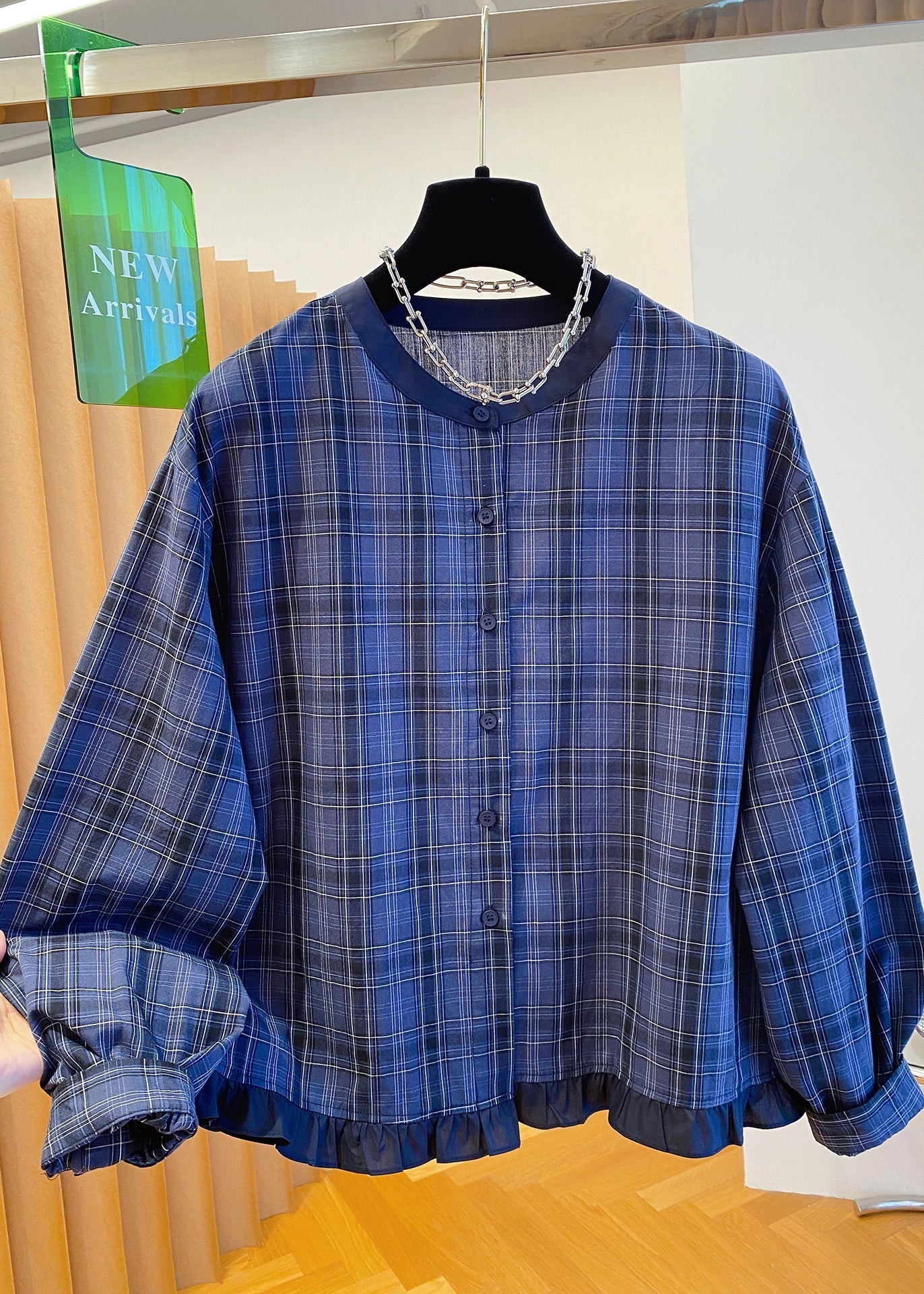 Ruffled Cotton Blue Fall Plus Neck Shirt Top Plaid O Size FashionChic