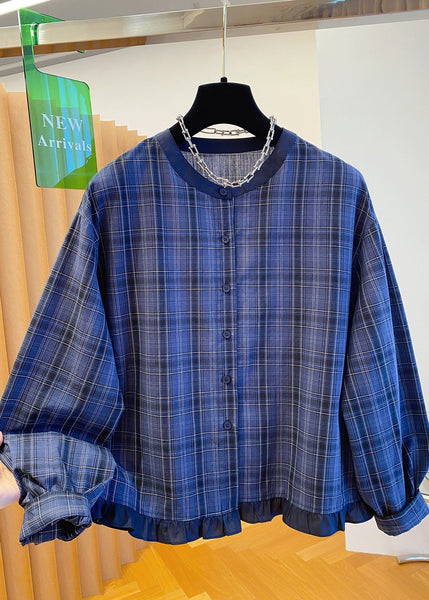 Ruffled Cotton Blue Fall Plus Neck Shirt Top Plaid O Size FashionChic