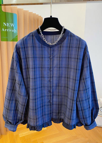 Ruffled Cotton Blue Fall Plus Neck Shirt Top Plaid O Size FashionChic