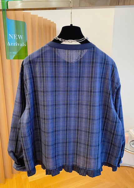 Ruffled Cotton Blue Fall Plus Neck Shirt Top Plaid O Size FashionChic