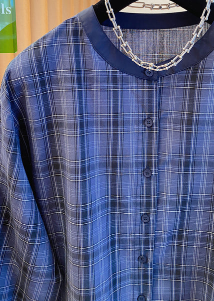 Ruffled Cotton Blue Fall Plus Neck Shirt Top Plaid O Size FashionChic