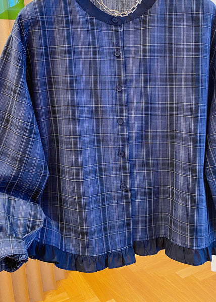 Ruffled Cotton Blue Fall Plus Neck Shirt Top Plaid O Size FashionChic