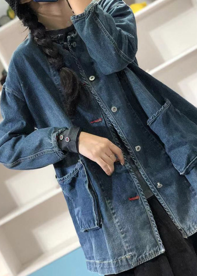 Plus Size Blue O Neck Pockets Button Patchwork Denim Coat Fall OO004 OM-CS240816