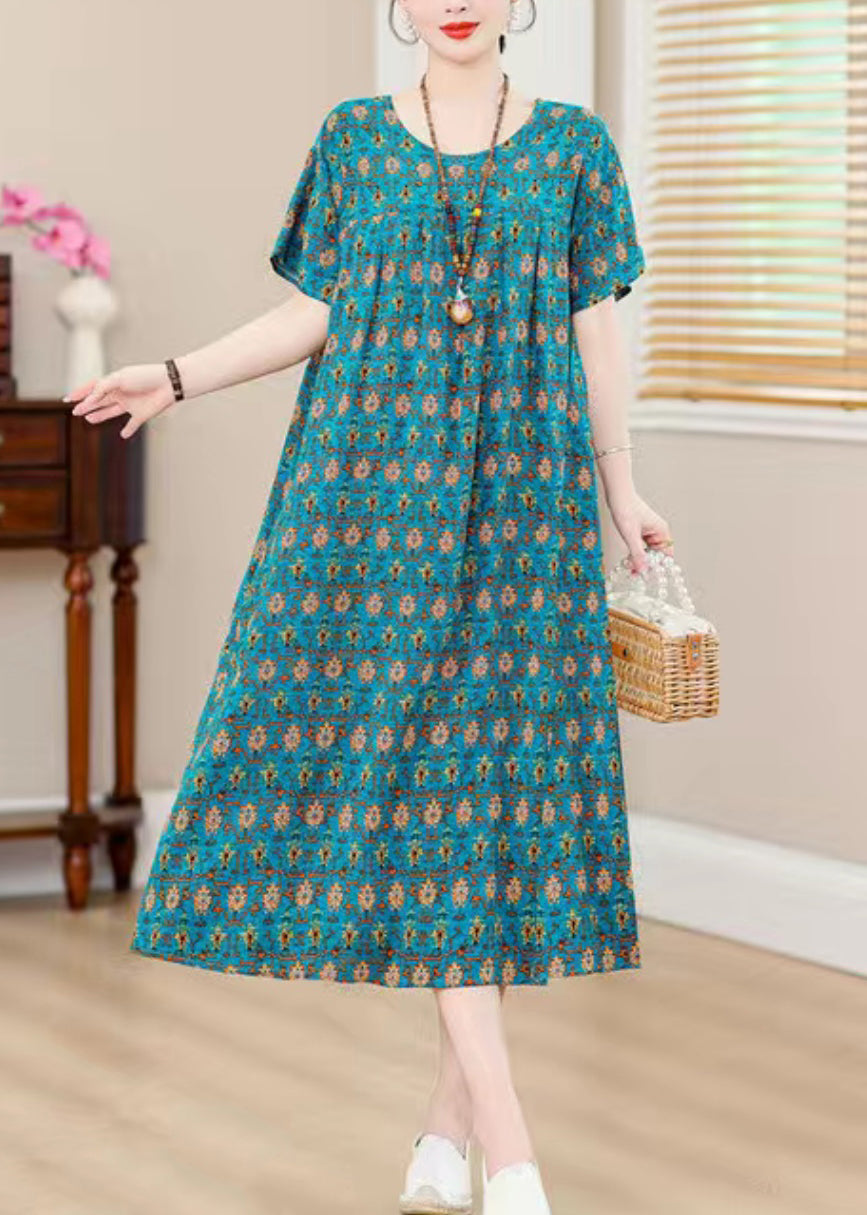 Plus Size Blue O-Neck Print Holiday Long Dress Short Sleeve QB022 HS-SDLS241025