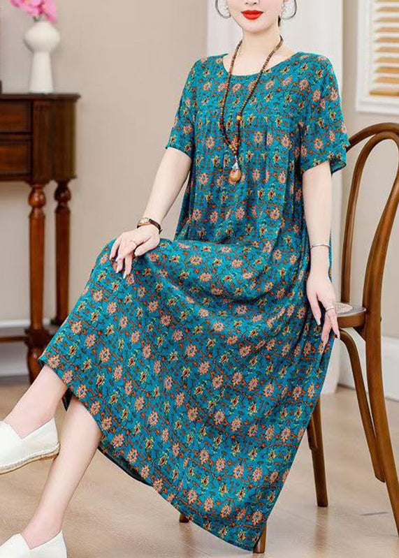 Plus Size Blue O-Neck Print Holiday Long Dress Short Sleeve QB022 HS-SDLS241025