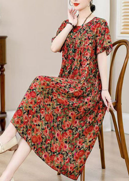 Plus Size Blue O-Neck Print Holiday Long Dress Short Sleeve QB022 HS-SDLS241025