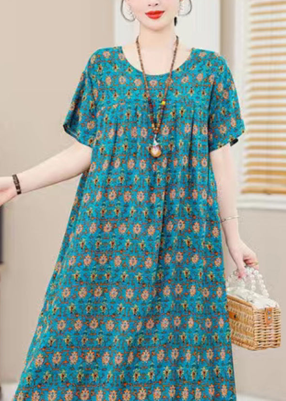 Plus Size Blue O-Neck Print Holiday Long Dress Short Sleeve QB022 HS-SDLS241025