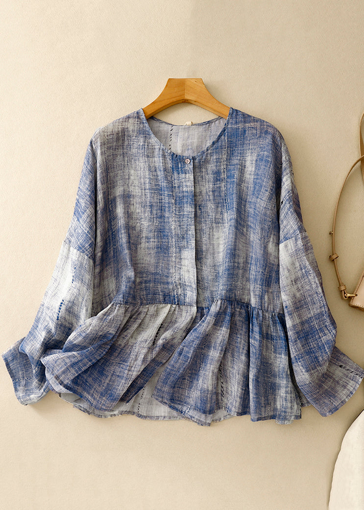 Plus Size Blue O Neck Tie Dye Patchwork Cotton Shirts Spring TI030