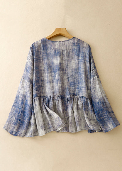 Plus Size Blue O Neck Tie Dye Patchwork Cotton Shirts Spring TI030