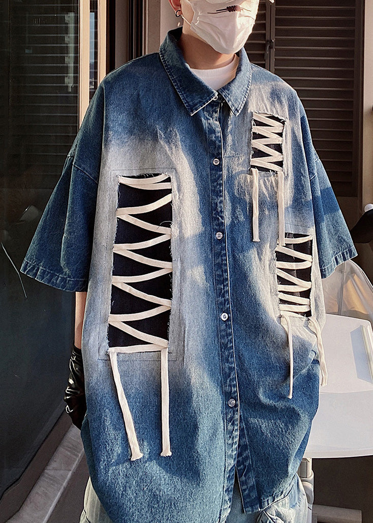 Sleeve Patchwork Original Design Blue Shirts Plus Half Men Size FashionChic