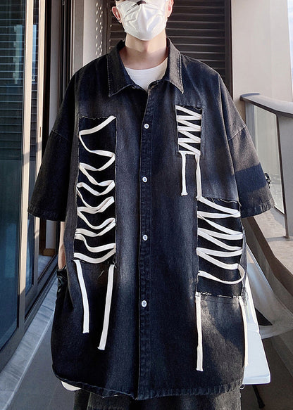 Sleeve Patchwork Original Design Blue Shirts Plus Half Men Size FashionChic