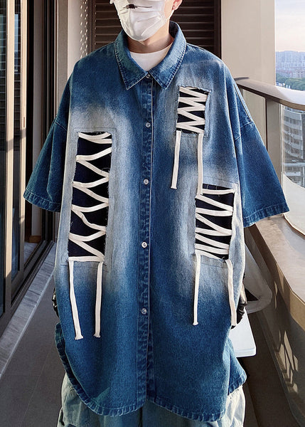 Sleeve Patchwork Original Design Blue Shirts Plus Half Men Size FashionChic