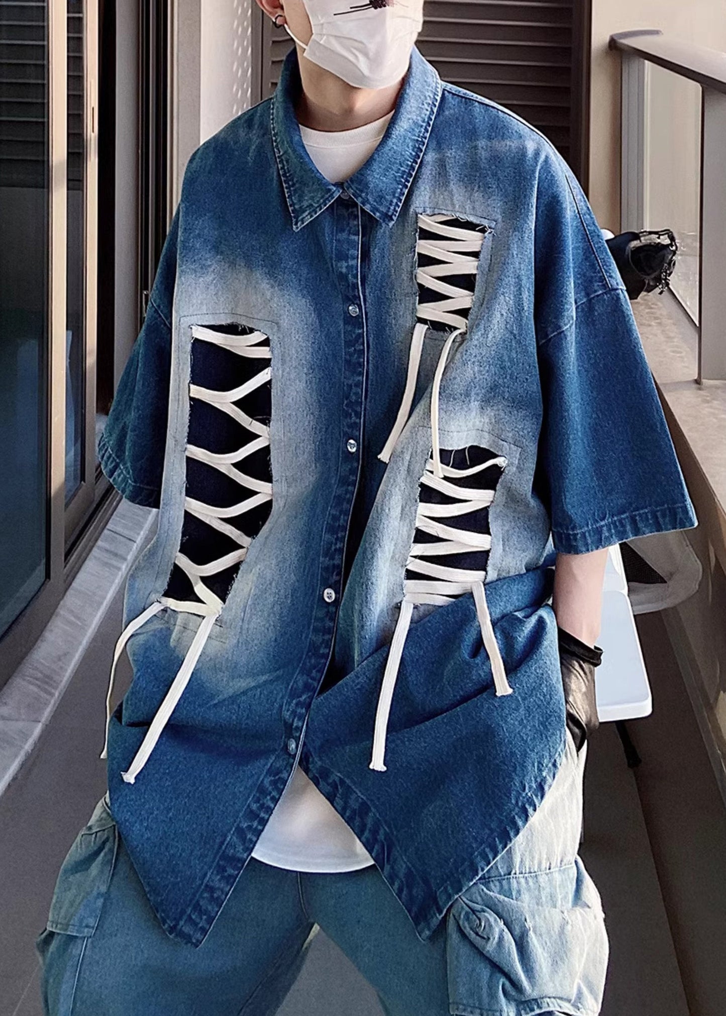 Sleeve Patchwork Original Design Blue Shirts Plus Half Men Size FashionChic