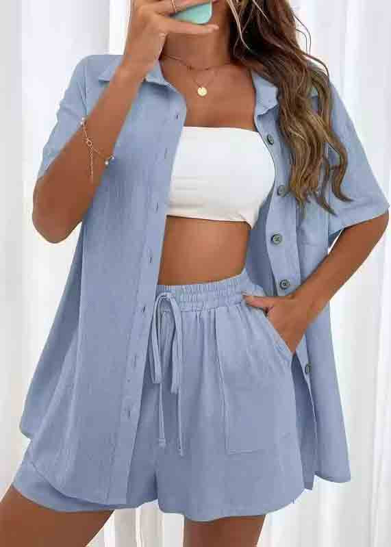 Pieces Blue Summer Cotton Two Pajamas Oversized Set Plus Size FashionChic