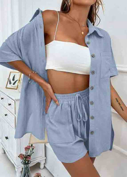 Pieces Blue Summer Cotton Two Pajamas Oversized Set Plus Size FashionChic
