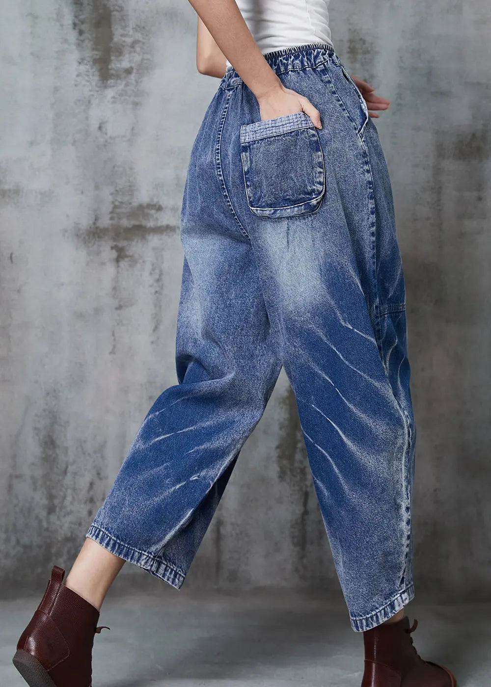 Plus Size Blue Oversized Patchwork Denim Crop Pants Spring Ada Fashion