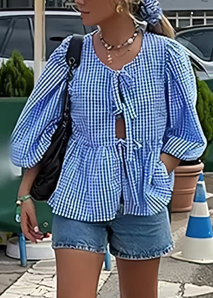 Puff Lace Size Plus Shirts Blue Sleeve Cotton Summer Up Plaid FashionChic