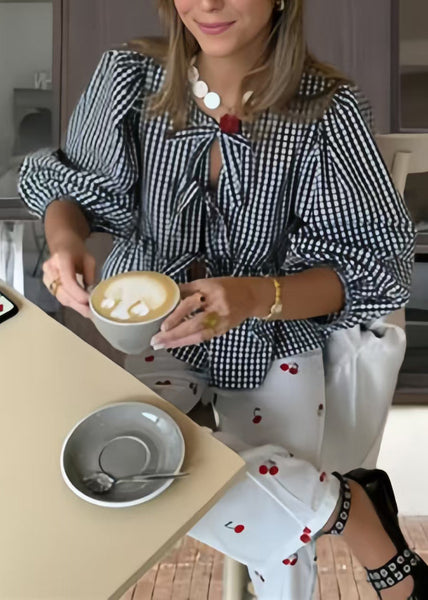 Puff Lace Size Plus Shirts Blue Sleeve Cotton Summer Up Plaid FashionChic