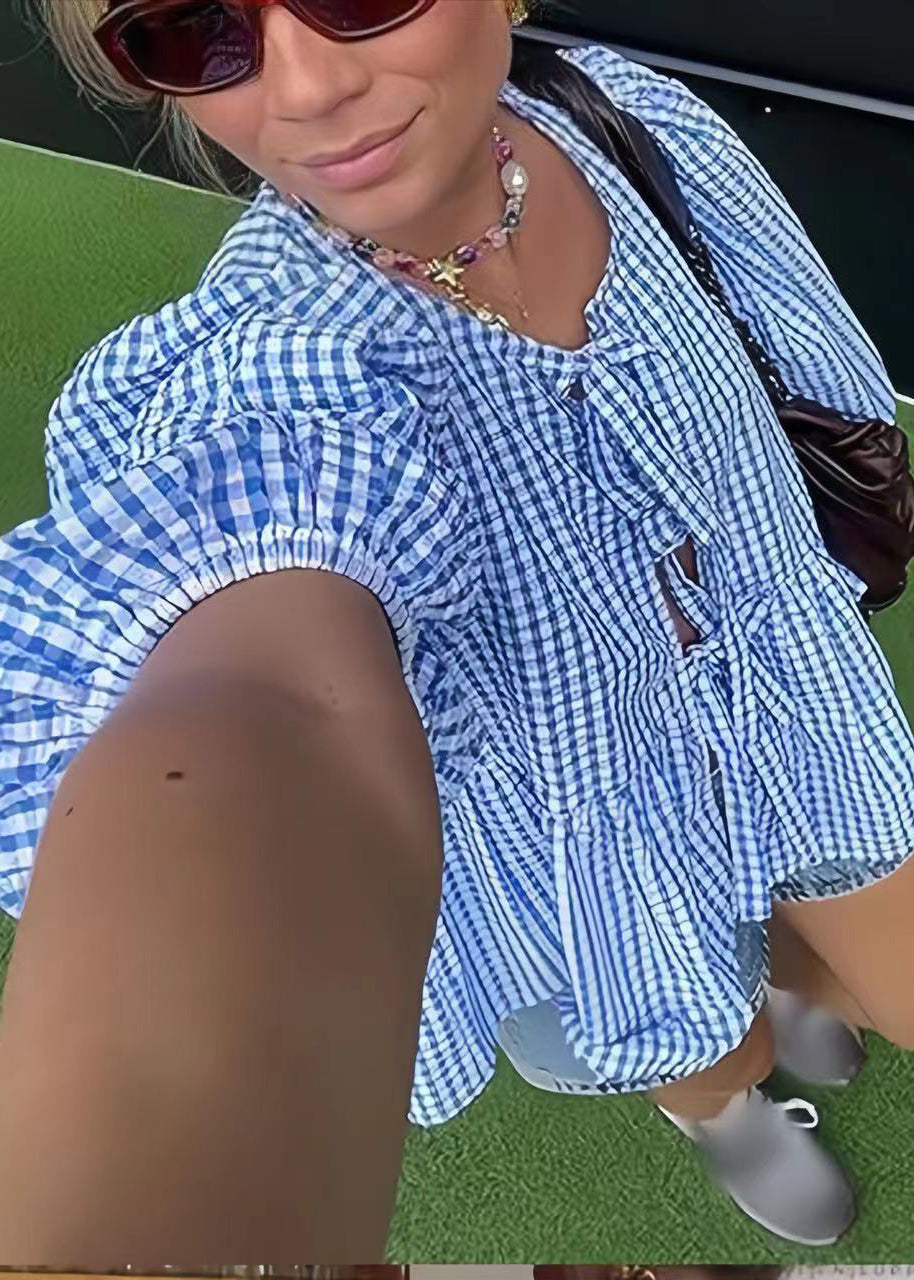 Puff Lace Size Plus Shirts Blue Sleeve Cotton Summer Up Plaid FashionChic