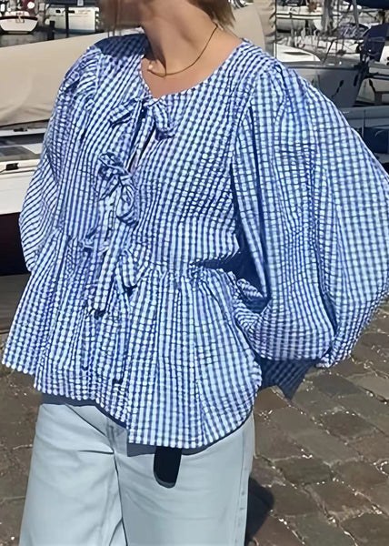 Puff Lace Size Plus Shirts Blue Sleeve Cotton Summer Up Plaid FashionChic