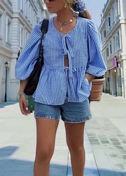 Puff Lace Size Plus Shirts Blue Sleeve Cotton Summer Up Plaid FashionChic