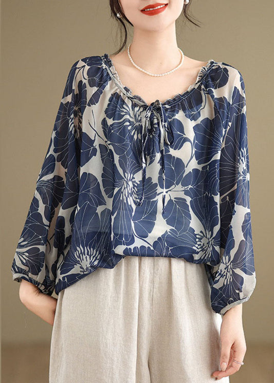 Plus Size Blue Ruffled Lace Up Print Chiffon Shirt Tops Summer AP054 GK-LTP240718