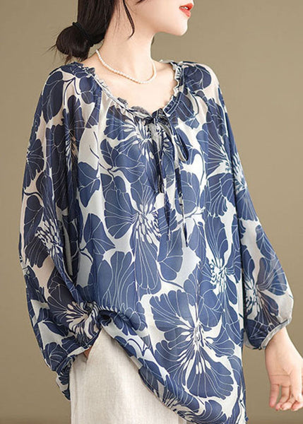 Plus Size Blue Ruffled Lace Up Print Chiffon Shirt Tops Summer AP054 GK-LTP240718