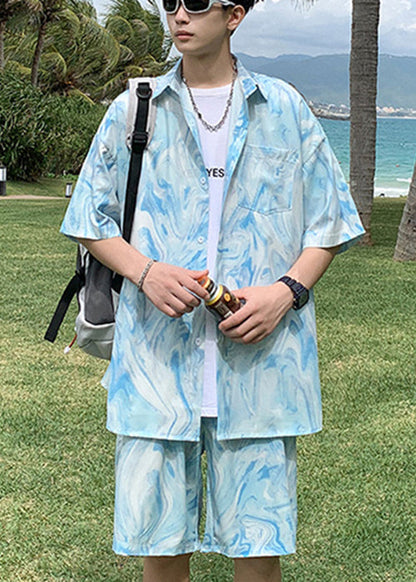 Plus Size Blue Tie Dye Pockets Ice Silk Mens Two Piece Set Summer HG067 Men-Silk-MENTS240725