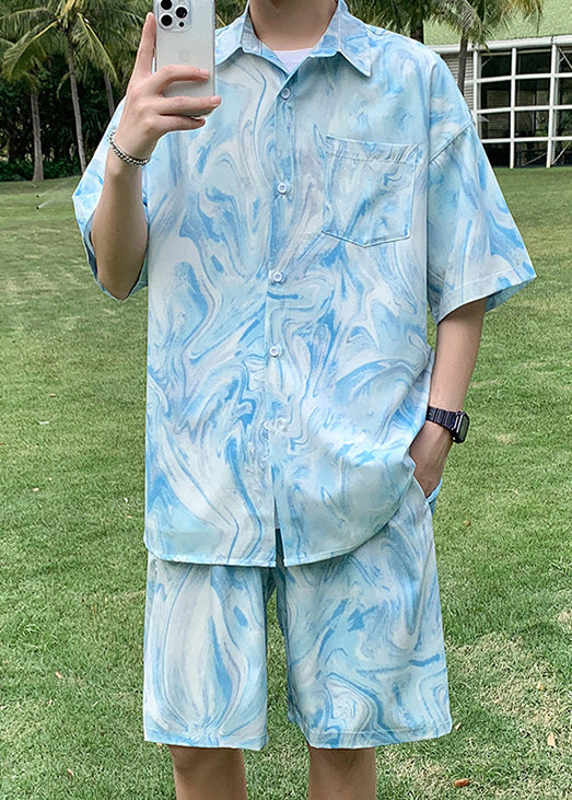 Plus Size Blue Tie Dye Pockets Ice Silk Mens Two Piece Set Summer HG067 Men-Silk-MENTS240725