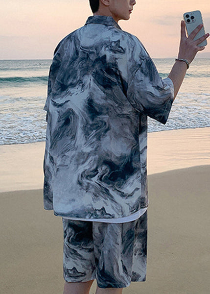 Plus Size Blue Tie Dye Pockets Ice Silk Mens Two Piece Set Summer HG067 Men-Silk-MENTS240725