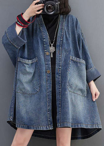 Neck Denim V Blue Fall Size Coats Pockets Plus FashionChic