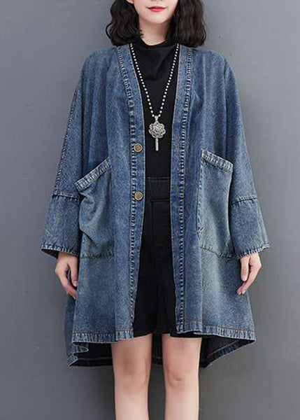 Neck Denim V Blue Fall Size Coats Pockets Plus FashionChic
