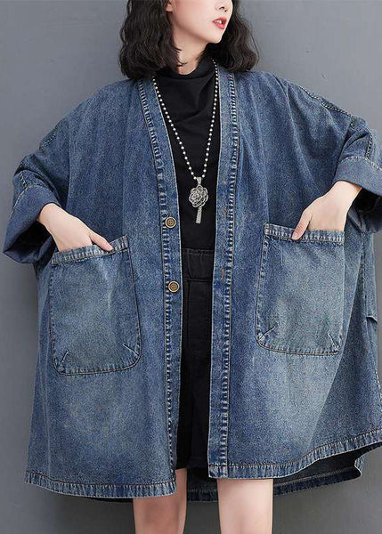 Neck Denim V Blue Fall Size Coats Pockets Plus FashionChic