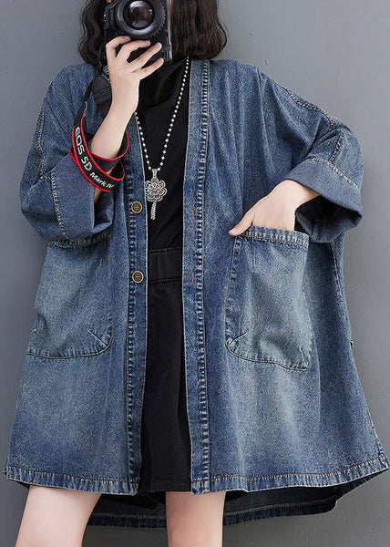 Neck Denim V Blue Fall Size Coats Pockets Plus FashionChic