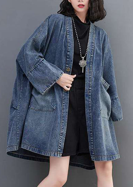 Neck Denim V Blue Fall Size Coats Pockets Plus FashionChic