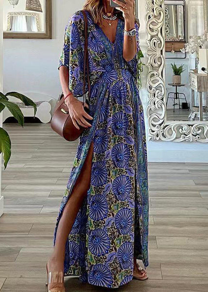 V Size Dresses Summer Neck Maxi Open Print Plus Side Cotton Blue FashionChic