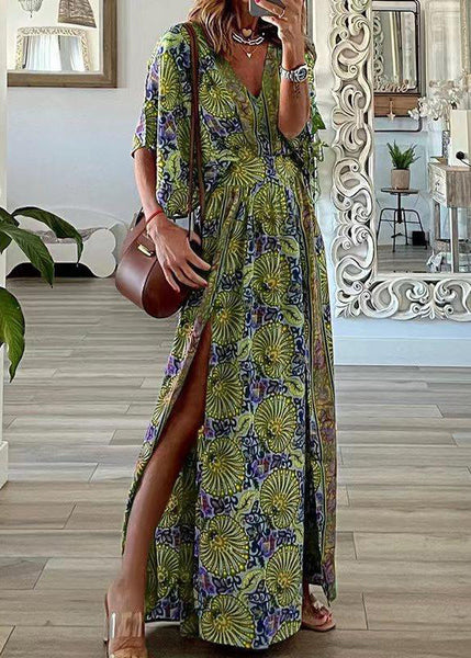 V Size Dresses Summer Neck Maxi Open Print Plus Side Cotton Blue FashionChic