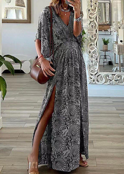 V Size Dresses Summer Neck Maxi Open Print Plus Side Cotton Blue FashionChic