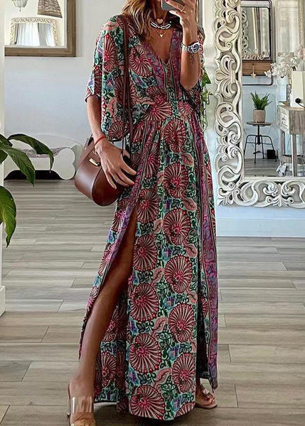 V Size Dresses Summer Neck Maxi Open Print Plus Side Cotton Blue FashionChic