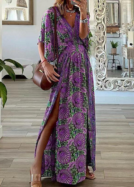 V Size Dresses Summer Neck Maxi Open Print Plus Side Cotton Blue FashionChic