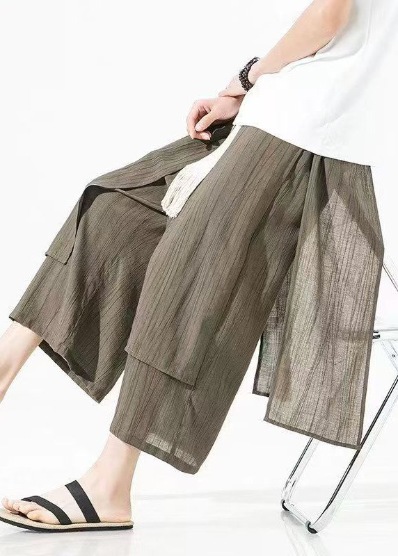 Plus Size Brown Asymmetrical Patchwork Cotton Mens Pants Crop Summer SA044 Men-casual-MENCP240726