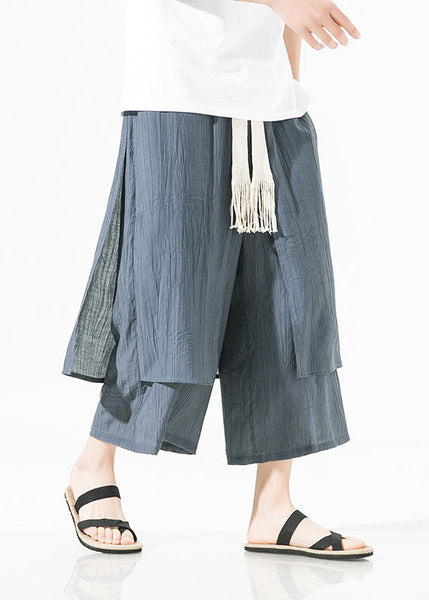 Plus Size Brown Asymmetrical Patchwork Cotton Mens Pants Crop Summer SA044 Men-casual-MENCP240726