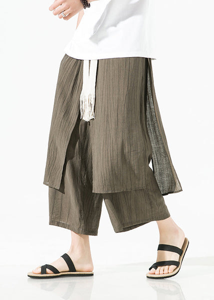 Plus Size Brown Asymmetrical Patchwork Cotton Mens Pants Crop Summer SA044 Men-casual-MENCP240726
