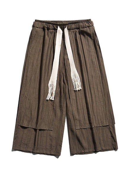 Plus Size Brown Asymmetrical Patchwork Cotton Mens Pants Crop Summer SA044 Men-casual-MENCP240726