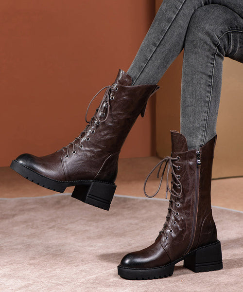 Plus Size Brown Boots Cross Strap Splicing Chunky RD010 ABC