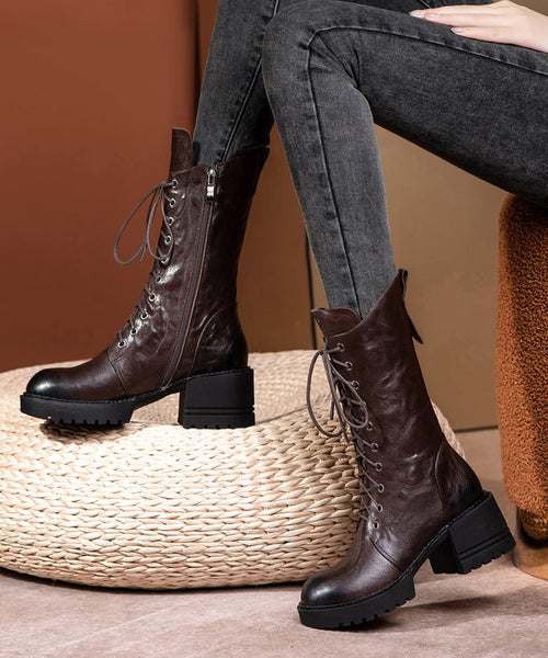 Plus Size Brown Boots Cross Strap Splicing Chunky RD010 ABC