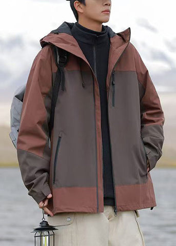 Hooded Brown Mens Cotton Zippered Plus Size Patchwork Coats FashionChic