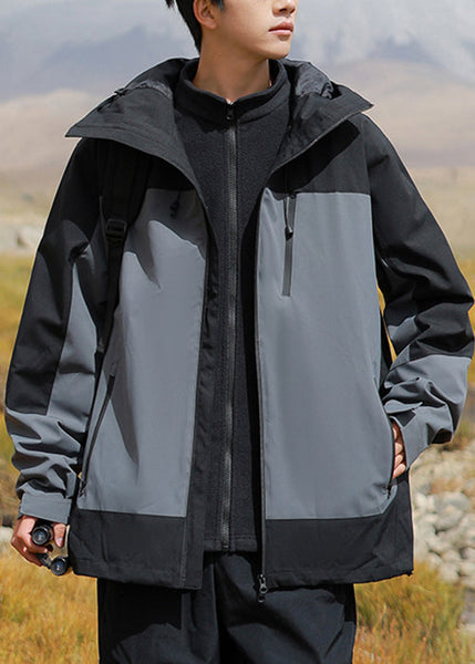 Hooded Brown Mens Cotton Zippered Plus Size Patchwork Coats FashionChic