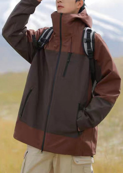 Hooded Brown Mens Cotton Zippered Plus Size Patchwork Coats FashionChic