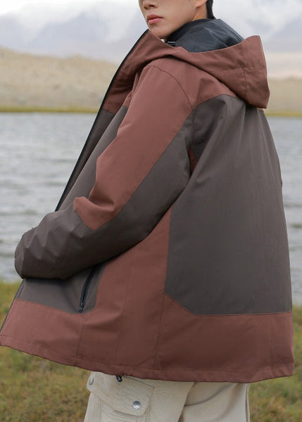 Hooded Brown Mens Cotton Zippered Plus Size Patchwork Coats FashionChic